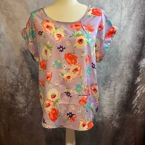Teenflo ModCloth purple floral silky blouse w/ unique back and neckline